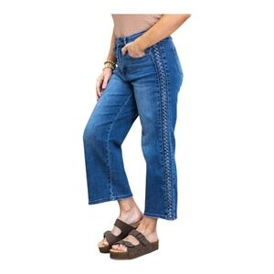 Judy Blue Women's Braid Detail Crop Wide Leg High Rise Medium Wash Size 14W New